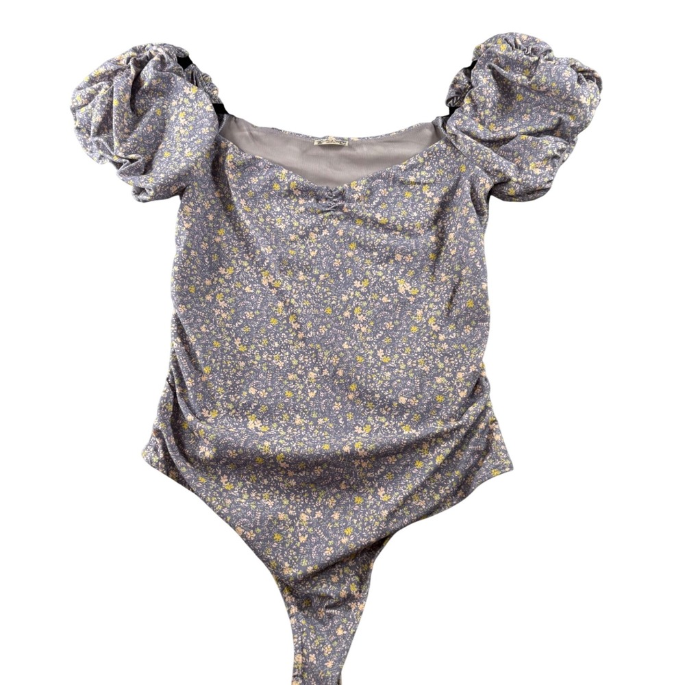 Intimately Printed Bella- Free people Floral Puff-Sleeve Gray Bodysuit